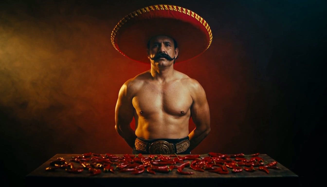 Señor Peppers brand figure — a mustachioed man in a sombrero standing over fresh red peppers